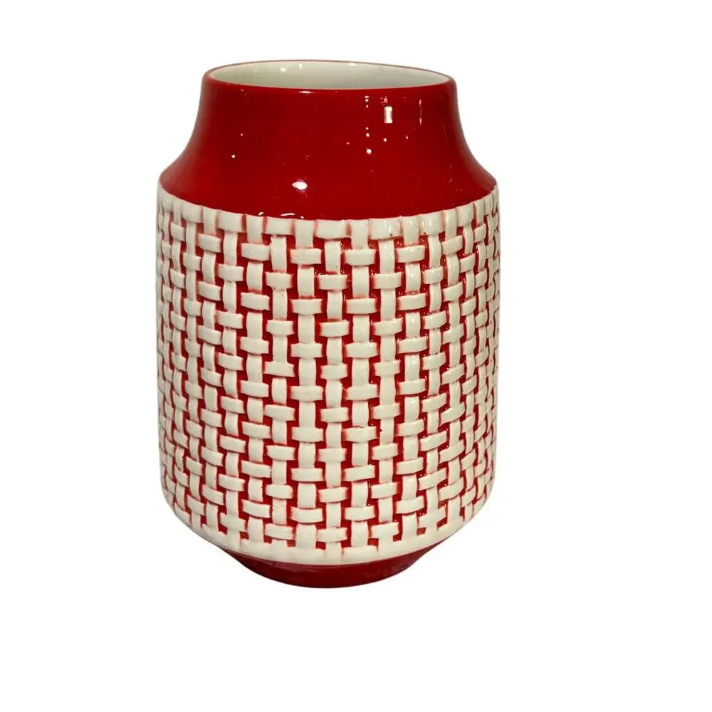 FTD ceramic vase flower pot planter red & white basket weave retro 1970s style